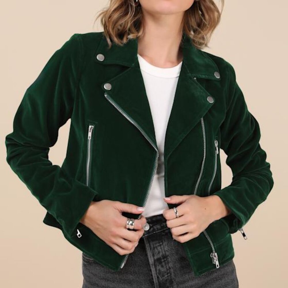 Lulus Style Icon Forest Green Velvet Moto Jacket - Size XXL